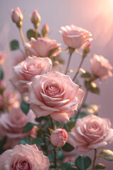 Pastel rose flower vines in full bloom with fresh green leaves set against a warm pink pastel background with soft sunlight for serenity stock photo floral botanical wallpaper background