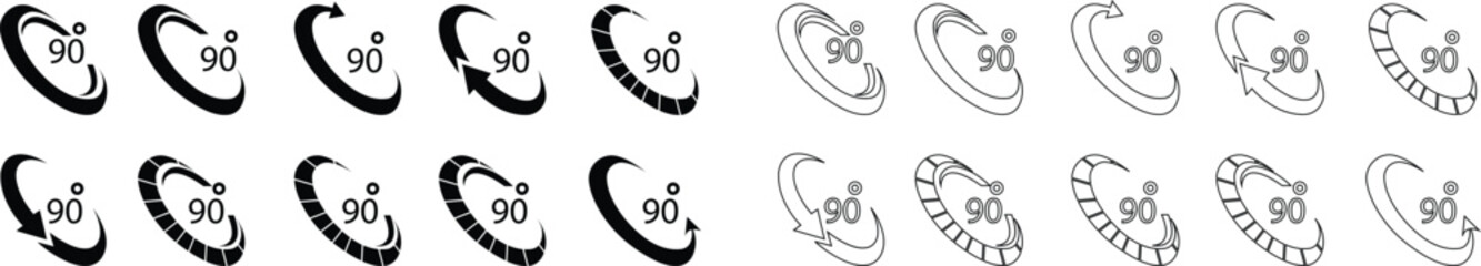 Angle 90 degrees icon set , Rotation Degree icons Flat vector, geometric mathematical angle radian of 90 rotation arrow symbol, isolated on transparent background, used for mobile app, web page or ui