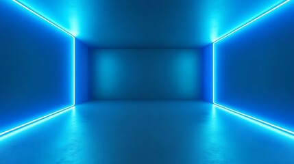 Empty room, vibrant blue neon light, modern futuristic