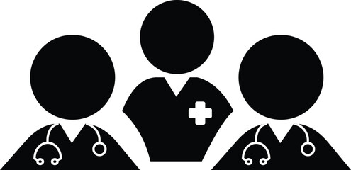 Medical Team Icon. three people in black and white with stethoscope, group of medical professionals, Simple linear icon for a group of doctors. Vector illustration. 
