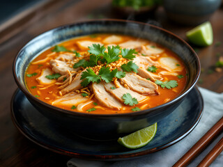 A bowl of vibrant Indonesian soto, garnished with fresh cilantro and lime, sits appetizingly ready