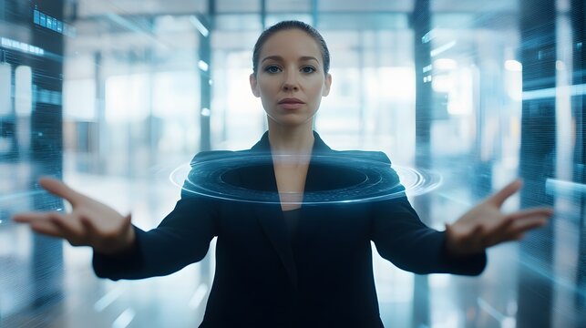 Focused businesswoman interacts with futuristic holographic projection. - Powered by Adobe