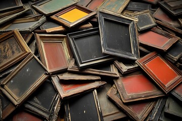Fototapeta premium Artistic display of colorful frames amongst vintage wooden surroundings in a studio setting