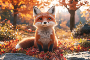 A cute red fox sits among colorful autumn leaves in a sunlit forest, surrounded by vibrant fall foliage and warm light.