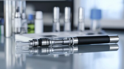 Close-Up of Modern Vape Device on Table with Blurry Background of E-Liquid Bottles and Accessories