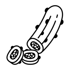 Black and White Line Doodle Icon of Pickled Cucumber Slice Simple Design