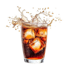 Splashing cola with ice cubes in a tall glass, cut out - stock png.