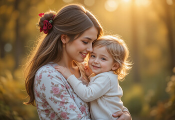 Obraz premium Golden hour portrait of mother and child in a tender embrace with a dreamy, nostalgic feel.