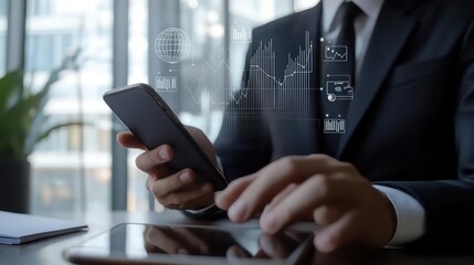 Businessman analyzes financial data with digital devices