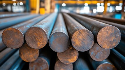 Stack of industrial steel bars with rusty texture ready for manufacturing process