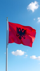 A striking HD image of the Albania flag waving in the wind, featuring a bold red background and detailed black double-headed eagle under a clear blue sky. Ideal for patriotic and historical displays.