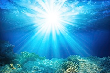 Naklejka premium Sunlight beams through underwater coral reefs