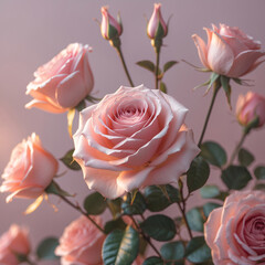 Soft sunlight illuminating blooming pastel rose flower vines with fresh green leaves against a warm pink pastel background for calm stock photo floral botanical wallpaper background