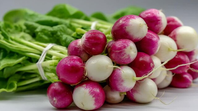 Freshly harvested radishes with vibrant colors and green leaves arranged for display in a market setting