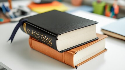 Stacked books on white surface