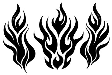 Vector fire flames design features a hot, burning tattoo illustration with tribal patterns in orange and yellow hues
