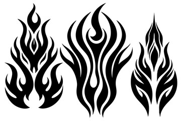 Fiery tribal tattoo designs burn with hot orange and red flames, a vector art illustration set