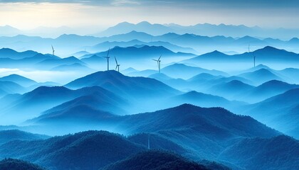 Blue mountains and wind turbines in the mist creates a peaceful scenery. It illustrates clean energy and can be used for nature-related contents.