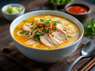 Aromatic Indonesian Soto, showcasing vibrant yellow broth, chicken, noodles, and fresh herbs in bowl