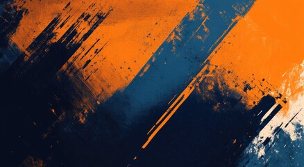 An abstract painting of intersecting orange and navy blue brushstrokes.