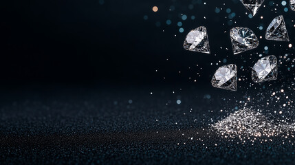 luxurious sparkling diamonds falling with glitter on elegant dark background symbolizing wealth and prestige