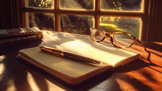 Sunlight streams through window onto open journal and writing implements.