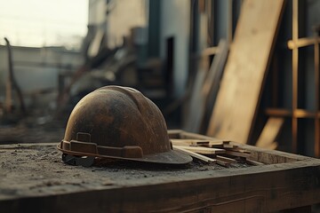 Rusty construction helmet resting on a wooden crate amidst debris.