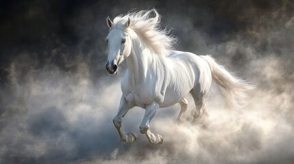 Majestic white horse galloping through a cloud of dust.