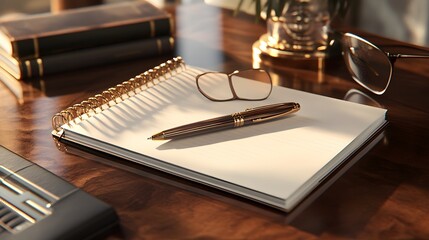 Elegant office desk arrangement with notepad and writing instruments.