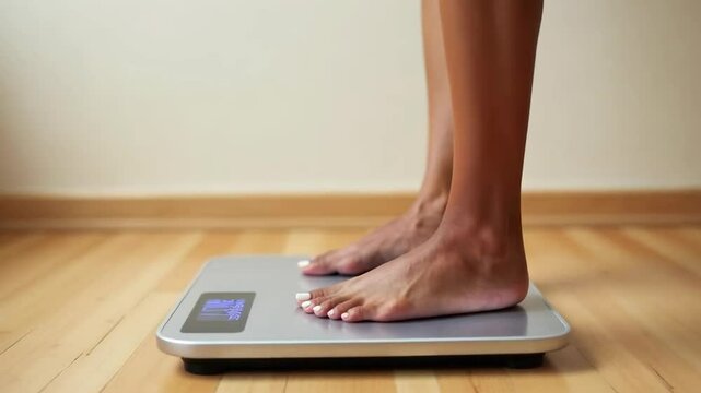  The floor scales are on the floor the woman is standing on the scales the background is blurred