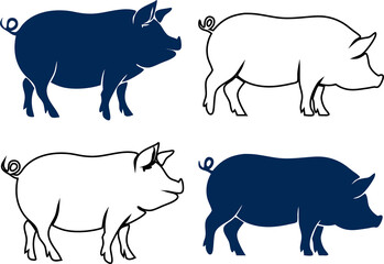 Black pig silhouette, outline vectors set. Side view profile of pork outline icon isolated on white. Simple farm animal shadow shape for farming, wildlife, or pet designs.