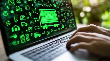 Man tracks delivery via laptop; logistics, green icons, blurred background; website design