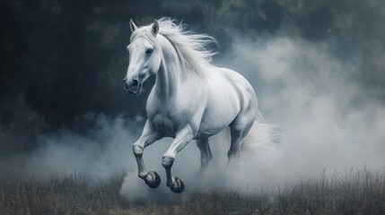 Majestic white steed galloping through a misty forest.