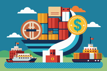 Obraz premium Global Trade Concept With Cargo Ships And Dollar a vector illustration