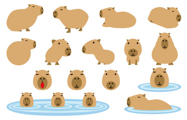 Fototapeta premium カピバラのイラスト。動物園にいるカピバラ。ネズミの仲間。世界で一番大きいネズミ。ポップでかわいい。泳ぎが得意な生き物。草食の動物。素材のセット。