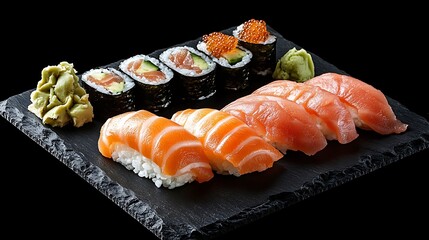 Sushi Platter With Salmon Sashimi, Tuna Nigiri, Avocado Maki Rolls, Wasabi And Soy Sauce On Black Slate Plate, 
