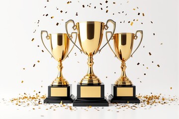 Three golden trophies with confetti on a white background.