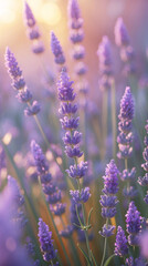 Fototapeta premium Soft sunlight highlighting blooming pastel purple lavender flower vines with fresh petals on warm pastel peach background for peace stock photo floral botanical wallpaper background