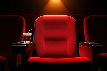 Obraz premium Red theater seat with a cup of beverage on the armrest under warm spotlight.