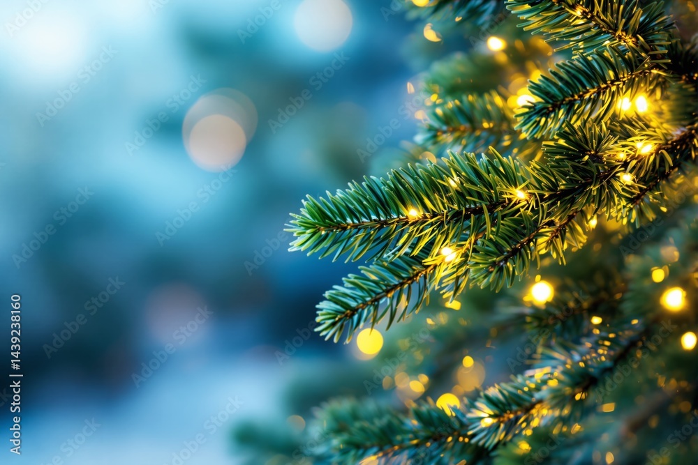 Poster christmas tree branches with glowing lights in soft focus.