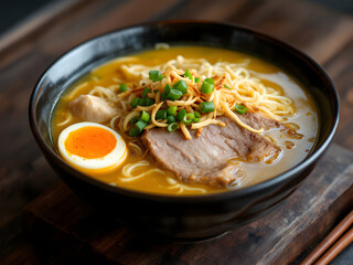 A bowl of comforting Indonesian soto with egg and meat, sitting on a rustic wooden surface.