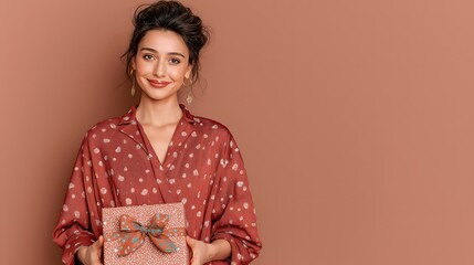 Young woman in cozy outfit, holding a framed picture, soft brown backdrop, wellness theme, showcasing personal memories.