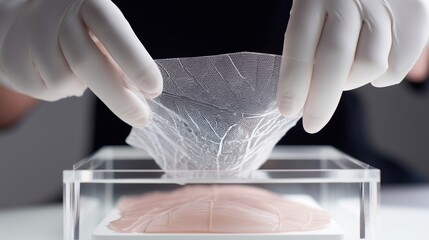 Gloved hands handling artificial skin graft for medical transplant. Innovative bioengineering, tissue regeneration, synthetic dermis, advanced healthcare technology, human skin substitute.