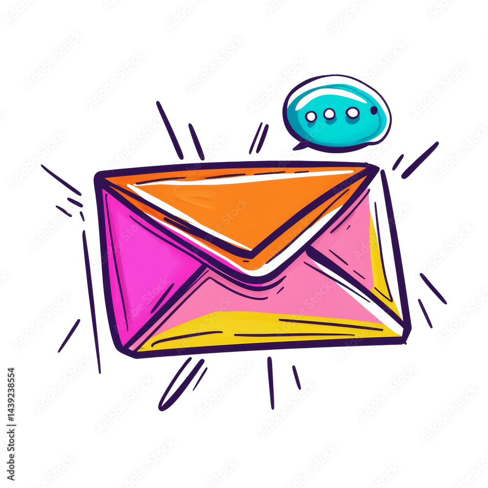 Poster whimsical communication icon with vibrant envelope and thought bubble on transparent scene