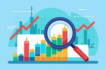 Magnifying Glass Over Stock Chart Highlightin  a vector illustration