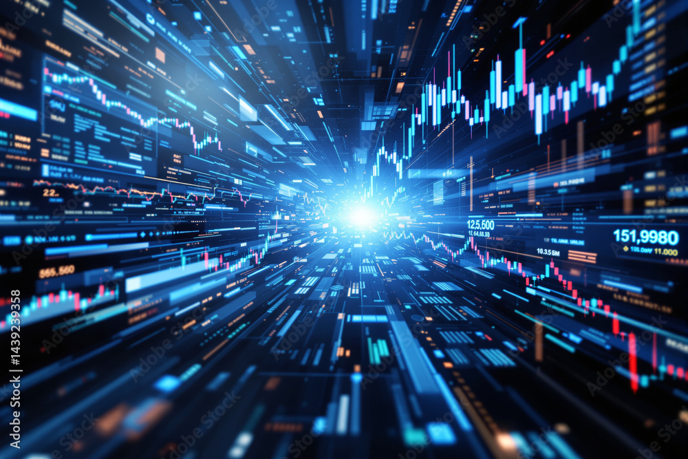 Poster futuristic financial data visualization with glowing stock market charts and digital elements.