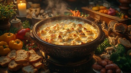 Cheese Fondue Bubbling In Traditional Caquelon, Surrounded By Bread Cubes, Vegetables, And Sausages, Styled 