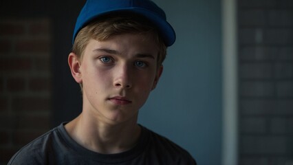 Obraz premium A young man looking at camera. The boy wears a blue cap and has a focused expression on his face