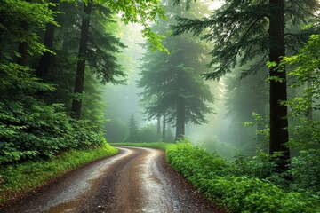 Obraz premium Serene forest road with misty morning light.