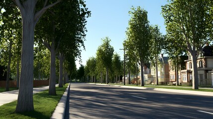 Obraz premium Residential street lined with mature trees on a sunny day.
